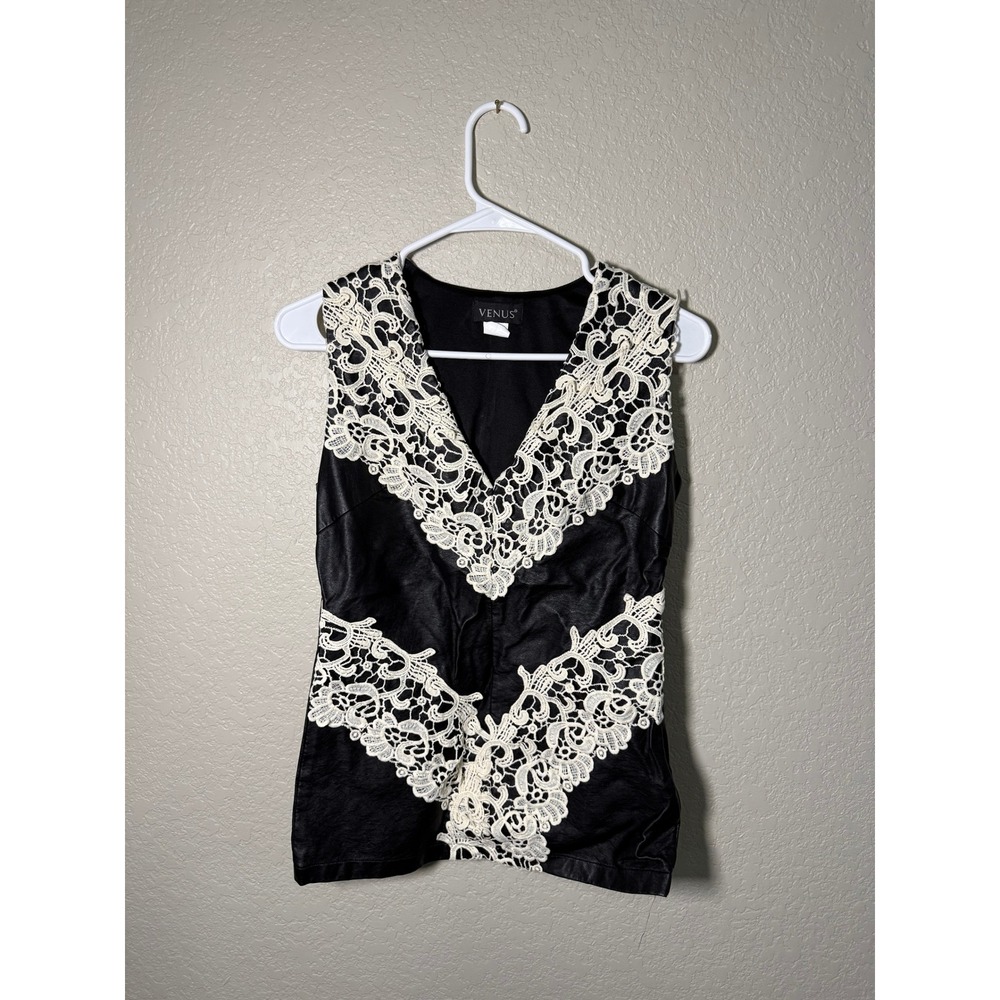 Venus Faux Leather Lace Overlay Sleeveless Top Black Ivory V-Neck Size 4